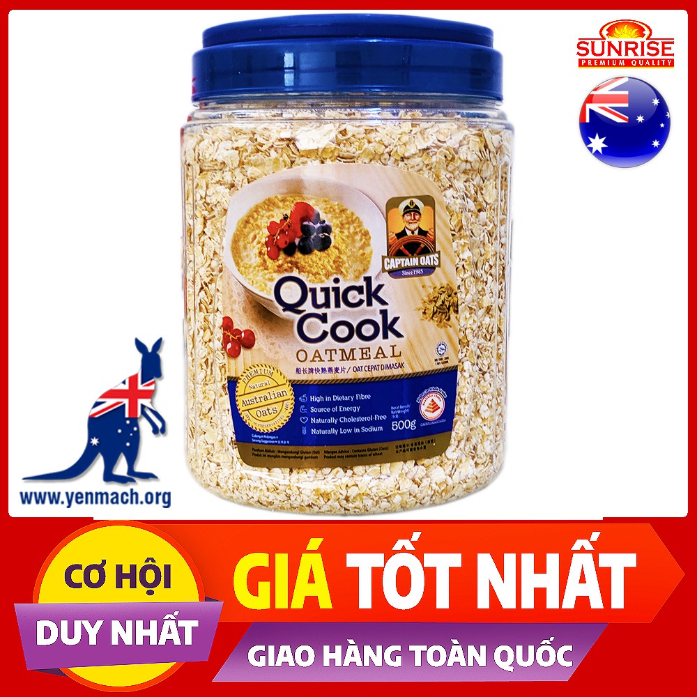 Yến mạch úc nguyên chất Captain Oats - Quickcook Oatmeal hũ 500g - Nhập khẩu chính ngạch hải quan