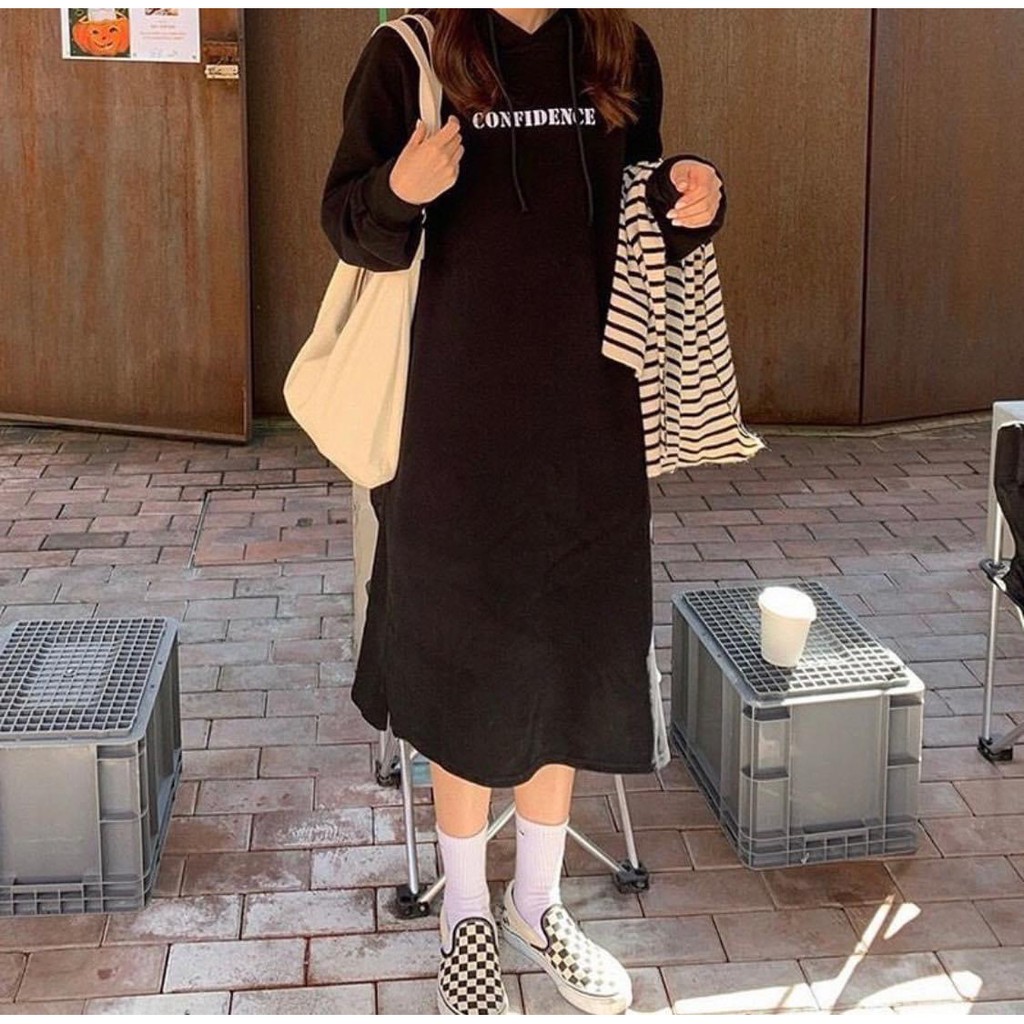 váy nỉ mũ dáng suông màu đen-xám siêu xinh kiểu hoodie nha | BigBuy360 - bigbuy360.vn