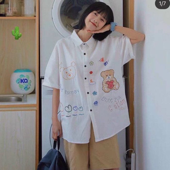 Áo sơ mi nút cài in hình gấu xịn xò siêu xinh(B.C) GĐ