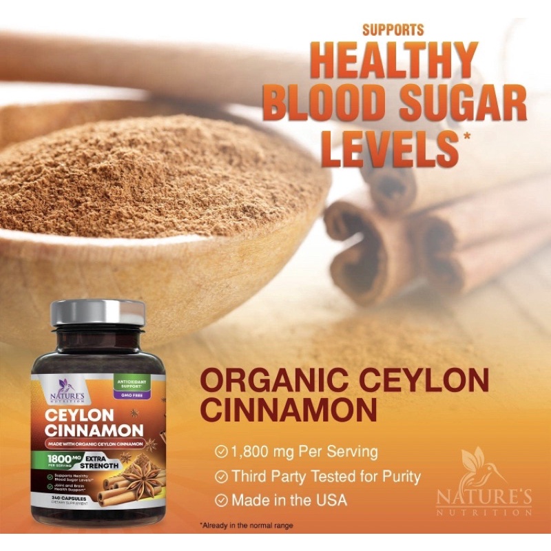 Viên tiểu đường thuần chay hữu cơ Nature's nutrition Ceylon Cinnamon 1800mg 120viên USA