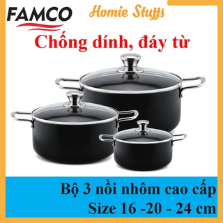 Bộ Nồi 3 Đáy Famco Chống Dính, Đáy Từ Cao Cấp Hiện Đại, Dùng Được Mọi Loại Bếp