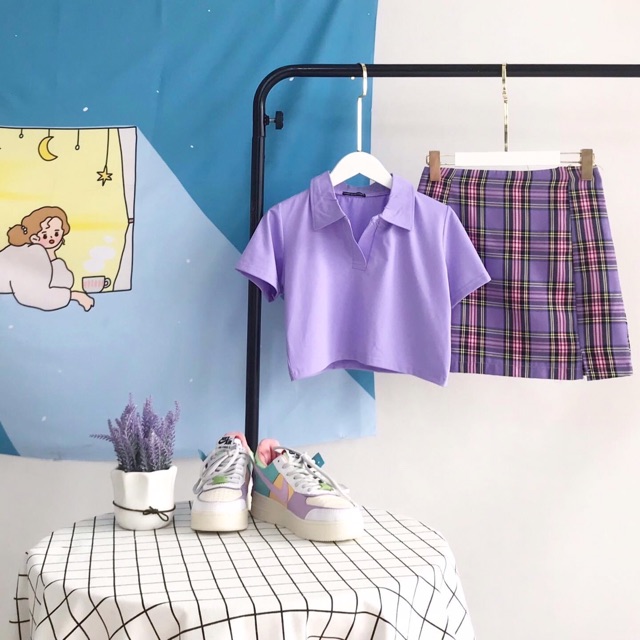 Set Váy Caro-Áo CropTop PoLo Basic Ảnh Thật