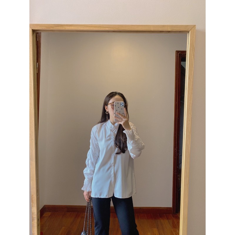 [Mã 11FASHIONSALE1 giảm 10K đơn 50K] Áo Sơ Mi Nữ Trắng Cổ Tàu 🦋FREESHIP🦋 Áo Sơmi Dài Tay Nhúm | BigBuy360 - bigbuy360.vn