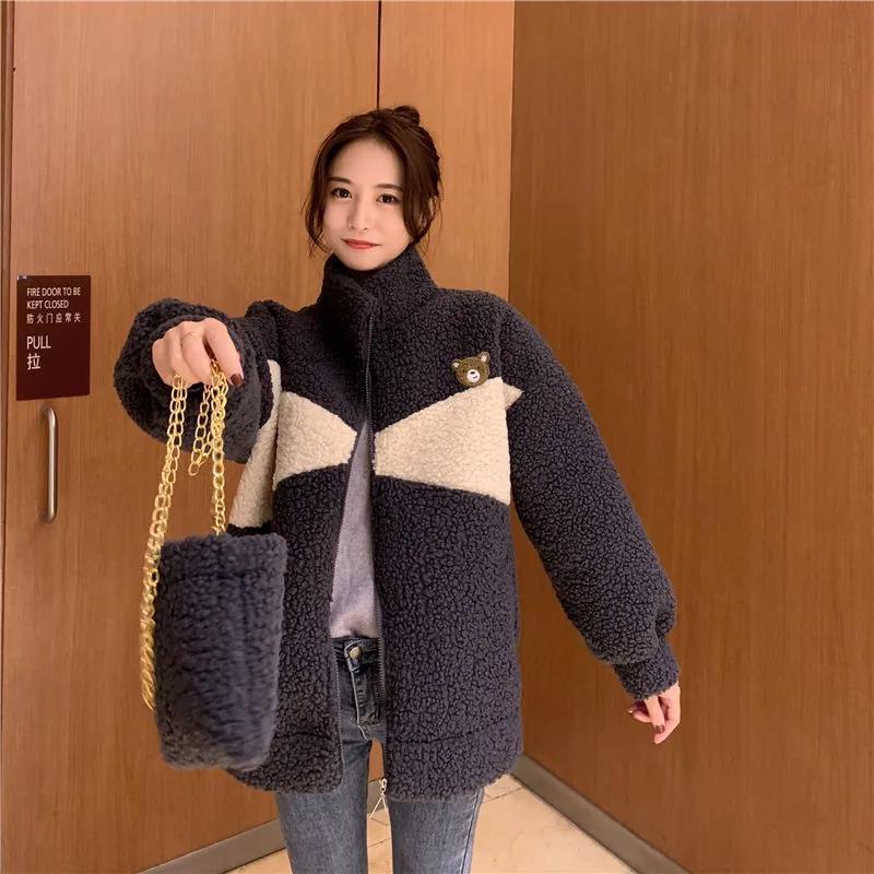 Áo khoác IELGY chất liệu lông cừu cashmere giả dáng rộng phong cách Hàn Quốc dành cho nữ