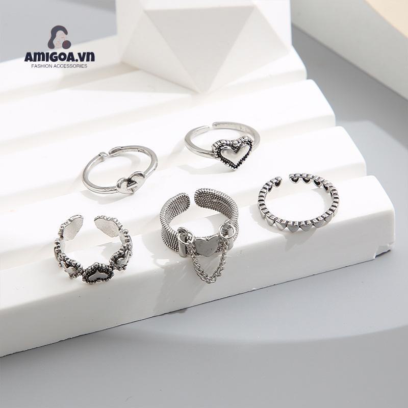 ✨✨Bộ 5 Nhẫn Hở Họa Tiết Trái Tim Đơn Giản Sáng Tạo Phong Cách Cổ Điển