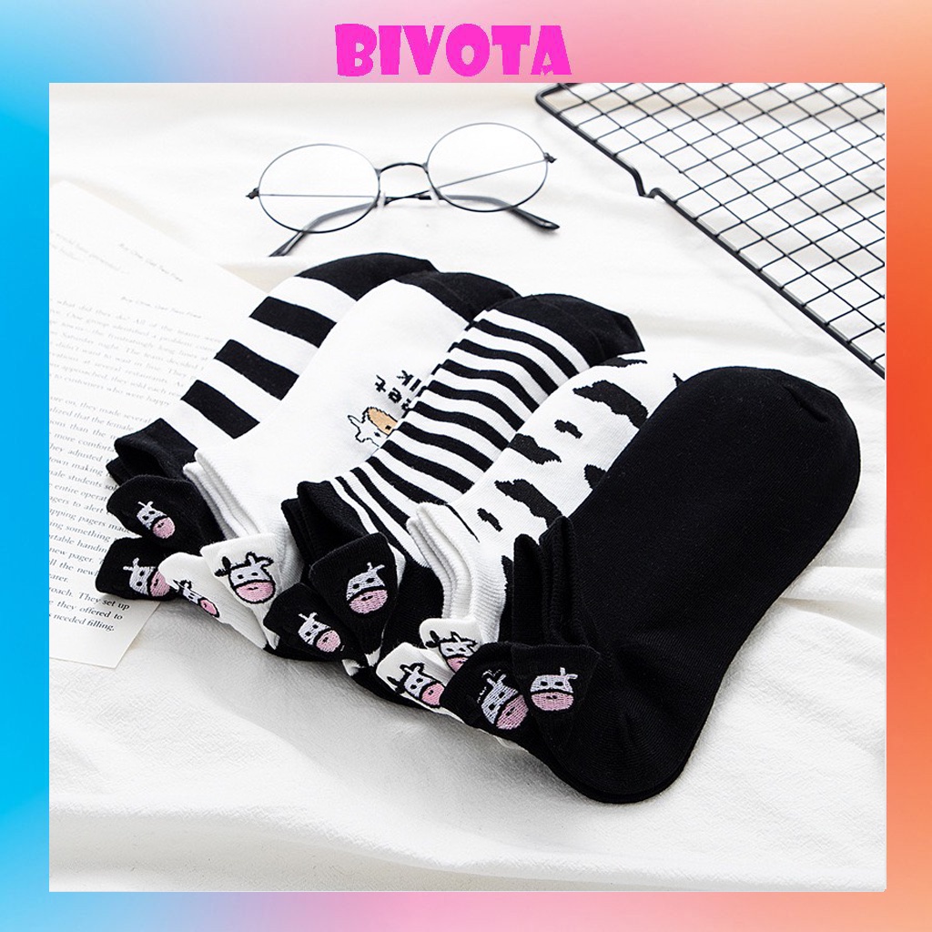 Set 5 đôi tất bò sữa Bivota vớ cổ ngắn thêu hoạt tiết vintage Hàn Quốc siêu đẹp T125