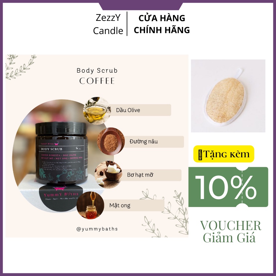 Muối tắm tẩy tế bào chết làm sạch sáng mịn da bổ sung COLLAGEN dưỡng ẩm hạt cafe mịn Coffee Body Scrub 200ML Yummy Baths