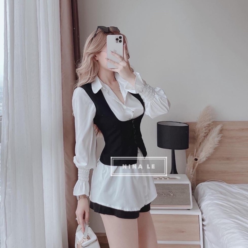 [ CHUBBY BIGSIZE ] Set Áo Sơmi Mix Áo Gile Cá Tính