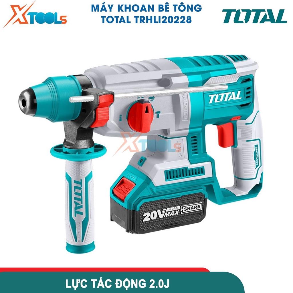 Máy khoan pin đục bê tông TOTAL TRHLI20228 20V mô tơ không chổi than, đầu gài SDS, khoan tối đa 26mm- CHÍNH HÃNG-XTOOLS