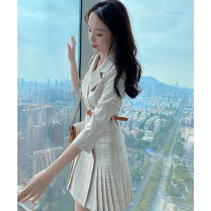 Đầm Nữ Dáng Ôm Kiểu Xếp Ly Sọc Ca Rô Thời Trang Mùa Xuân Cá Tính