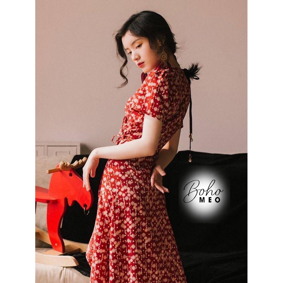 Váy cam đất hoa nhí trắng dây xỏ thắt eo