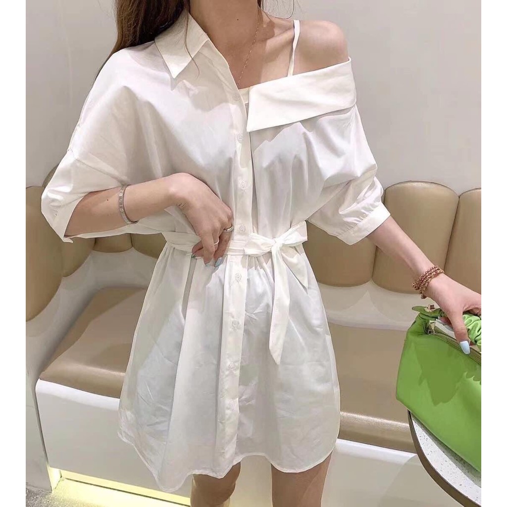 [SIÊU HOT] Áo Váy Sơ Mi Thô Lụa Hở Vai kèm Đai Điệu Đà