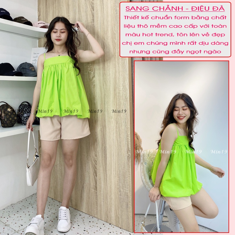 Sét Đồ Nữ MIN19 Sét Đồ Nữ Sang Chảnh Gồm Áo 2 Dây Bánh Bèo Tiểu Thư Form Rộng Phối Quần Short Ngắn Ống Rộng Lưng Cao