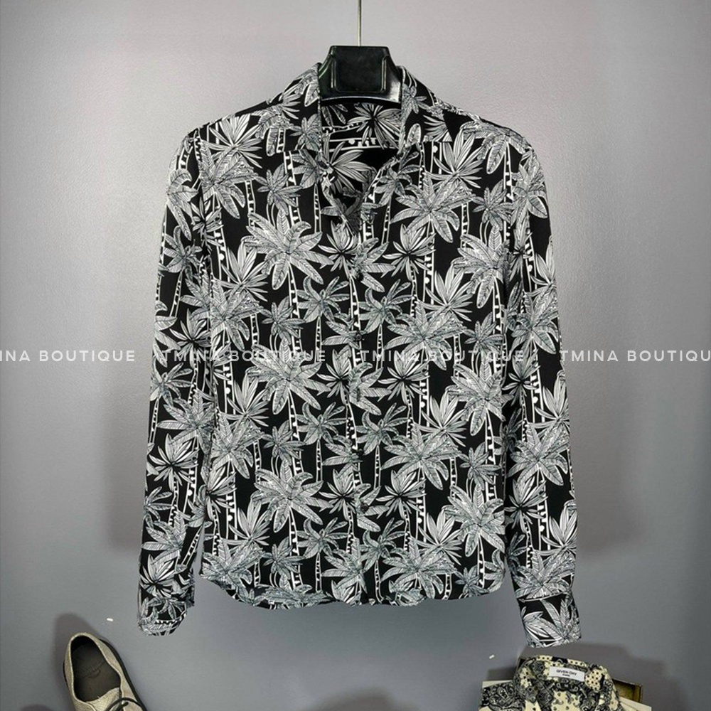 Áo sơ mi lụa nam TMINA tay dài mặc mát không nhăn in họa tiết Hàn Quốc - SM04