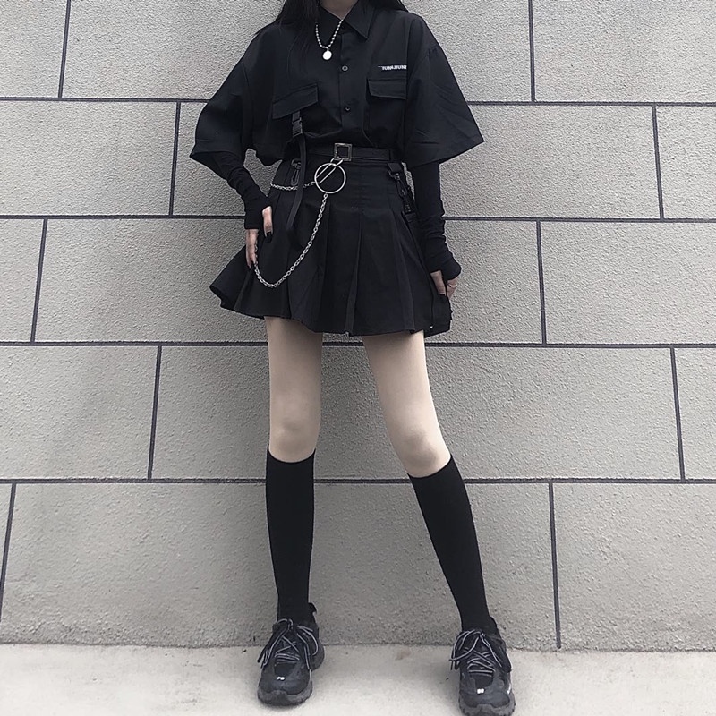 Áo sơ mi tay lỡ túi hộp form rộng unisex nam nữ hiphop + chân váy xếp ly ngắn cá tính Châu Âu
