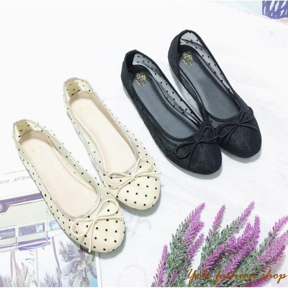 Hình thật B4-Giày bệt búp bê nữ phối lưới chấm bi xinh xắn | BigBuy360 - bigbuy360.vn