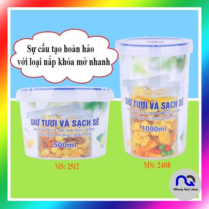 Hộp nhựa tròn Song Long dung tích 500ml (MS 2408) và 1000ml (MS2512) có nắp đậy kín bảo quản thực phẩm tươi ngon