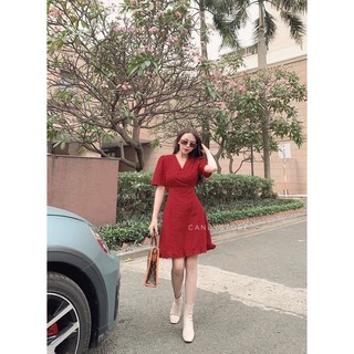 Đầm cổ V tay ngắn cột eo