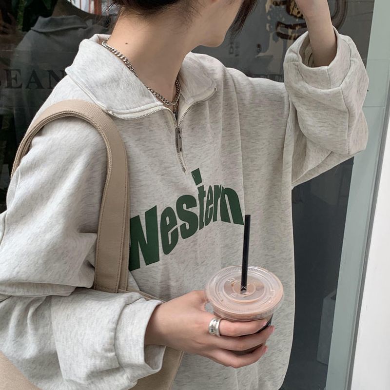 Áo Nỉ Nữ Dài Tay Cổ Bẻ Form Rộng Thời Trang Hàn