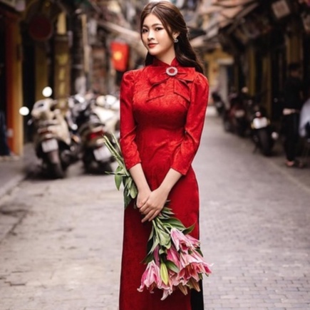 Áo Dài Cách Tân Thiết Kế Nơ Trên Cổ Chất Liệu Gấm  Cao Cấp