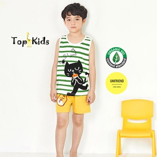 Bộ ba lỗ bé trai kẻ xanh lá cây, mèo đen  -  Unifriend Hàn Quốc - 100% Cotton _ Topkid, đồ bộ, đồ ngủ