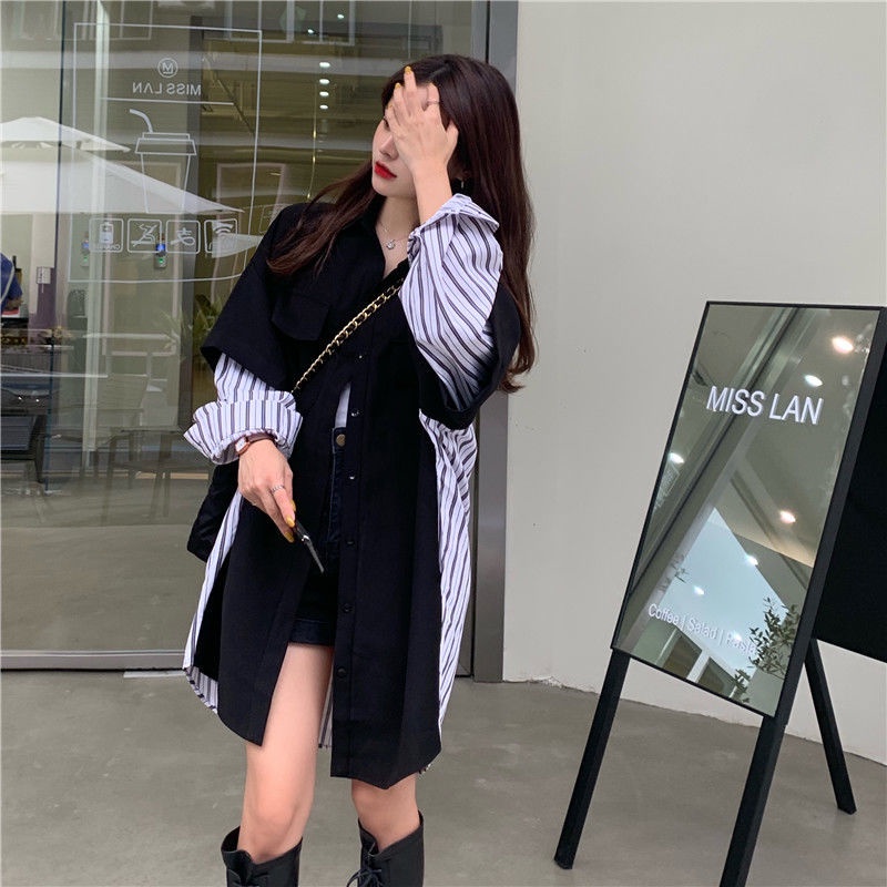 Áo Sơ Mi Tay Dài Dáng Rộng Giả Hai Lớp Họa Tiết Kẻ Sọc Phong Cách Hàn Quốc Thời Trang 2022 Cho Nữ
