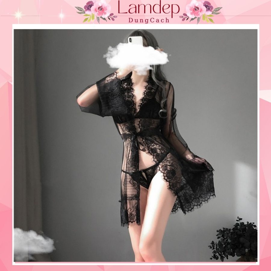 Áo choàng ngủ ren kèm nội y - Váy ngủ xuyên thấu siêu mỏng sexy tay dài gợi cảm CTD1057