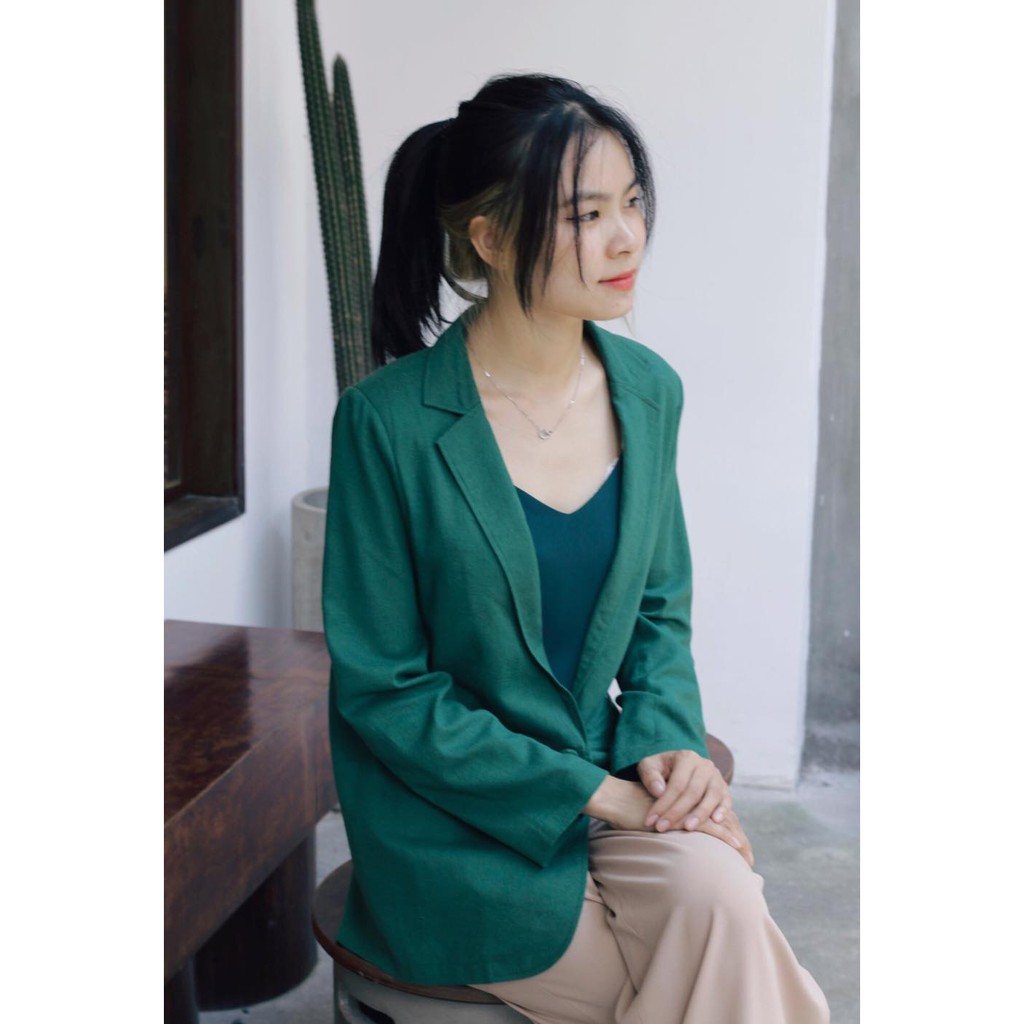 Áo vest nữ blazer KHÀN chất liệu linen màu xanh lá tay dài 1 lớp thời trang công sở Hàn Quốc