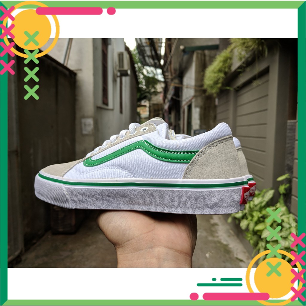 Giày Vans Old Skool màu trắng vạch kẻ sọc xanh lá phối xám