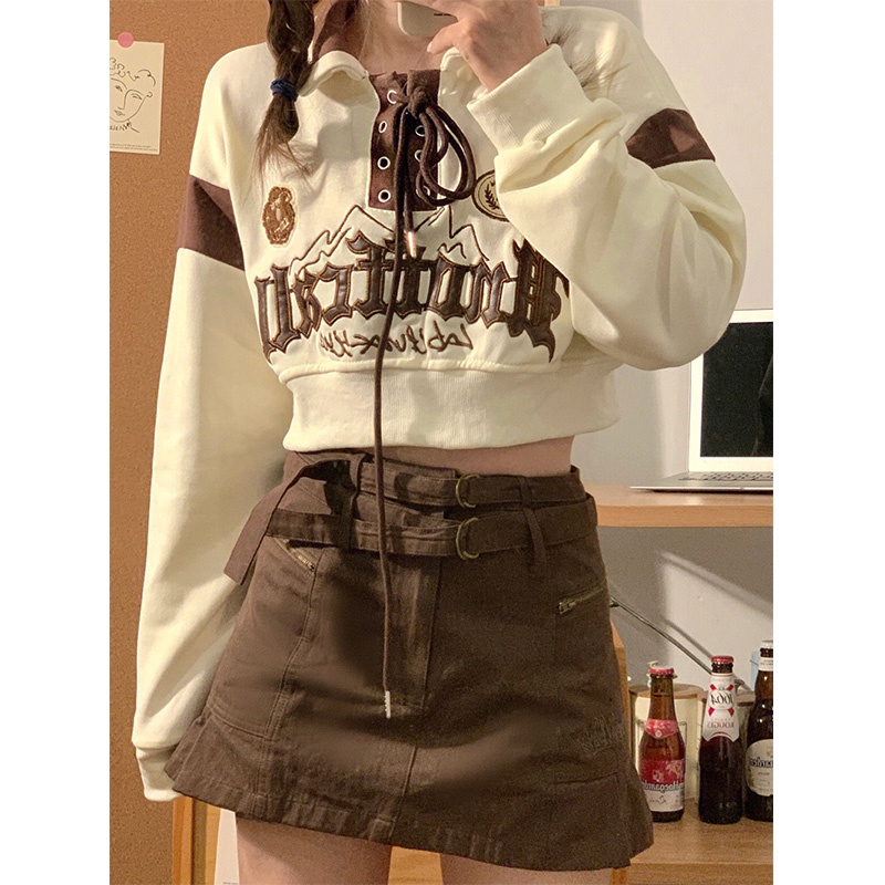 Áo Sweater Lông Ngắn Hở Rốn Thêu Chữ Phong Cách Đường Phố Gia Vị Chiên Retro Mỹ Dành Cho Bạn Nữ