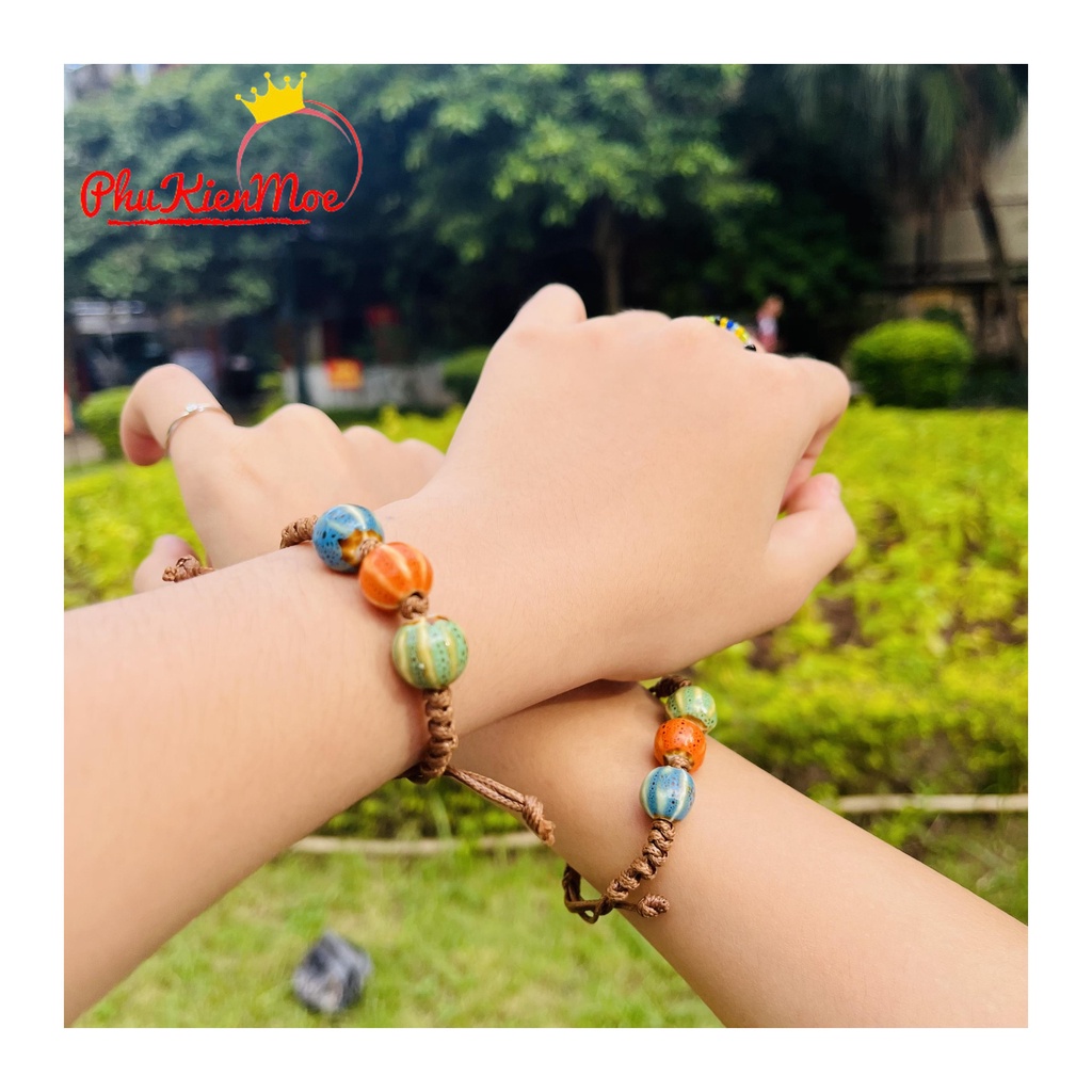 Vòng tay dây rút 3 hạt thổ cẩm vintage bản to hình kẹo , PhuKienMoe handmade