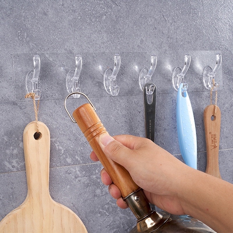 Thanh 6 Móc Dán Tường Siêu Dính Trong Suốt Treo Đồ, Quần Áo, Dụng Cụ Bếp