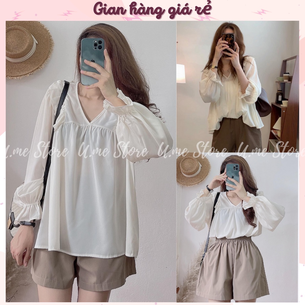 Set áo voan lụa dày dặn dài tay bèo mix quần short nâu cạp chun Set đồ đi làm, dạo phố phong cách Hàn xẻng