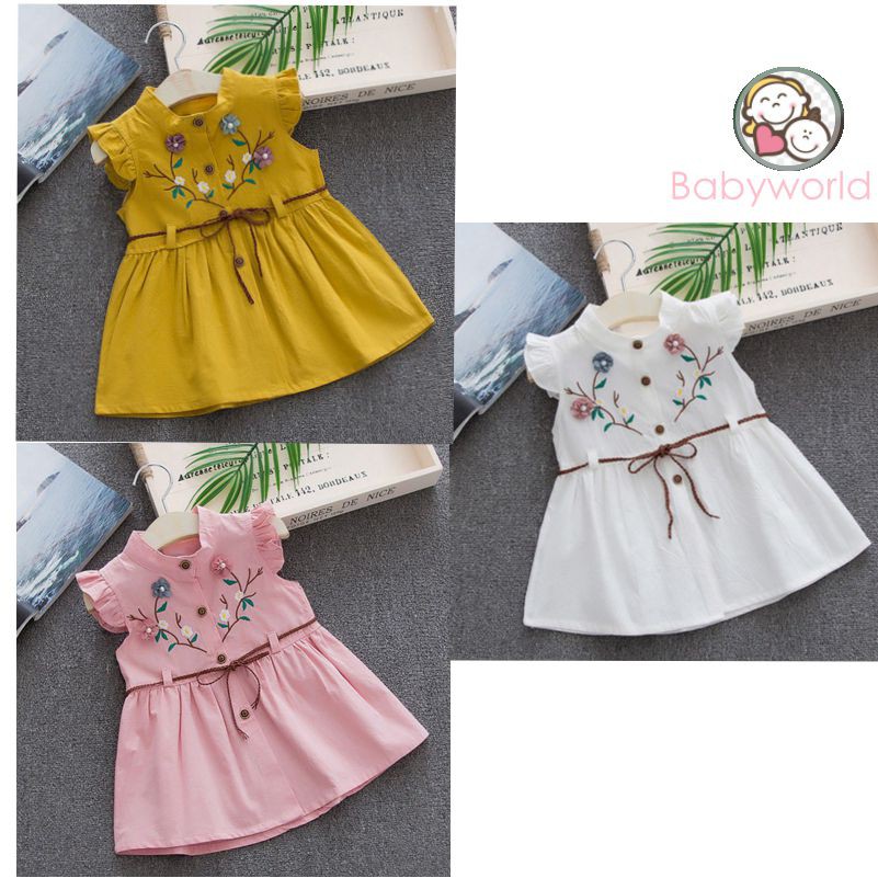 Đầm màu trơn thêu hoa xinh xắn cho bé gái