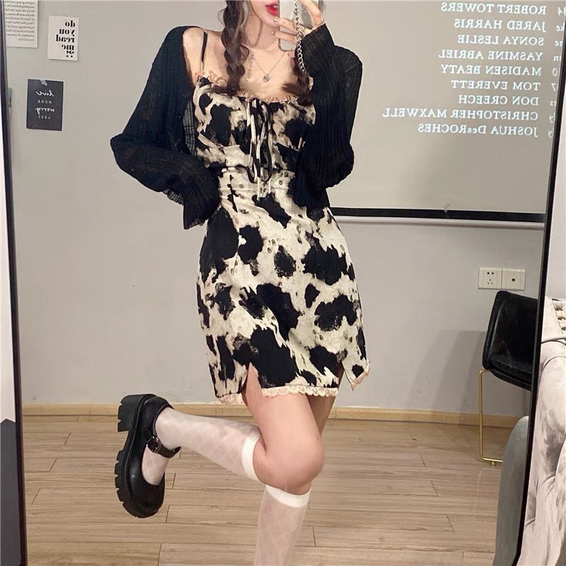 Set váy 2 dây họa tiết bò sữa + áo cardigan mỏng