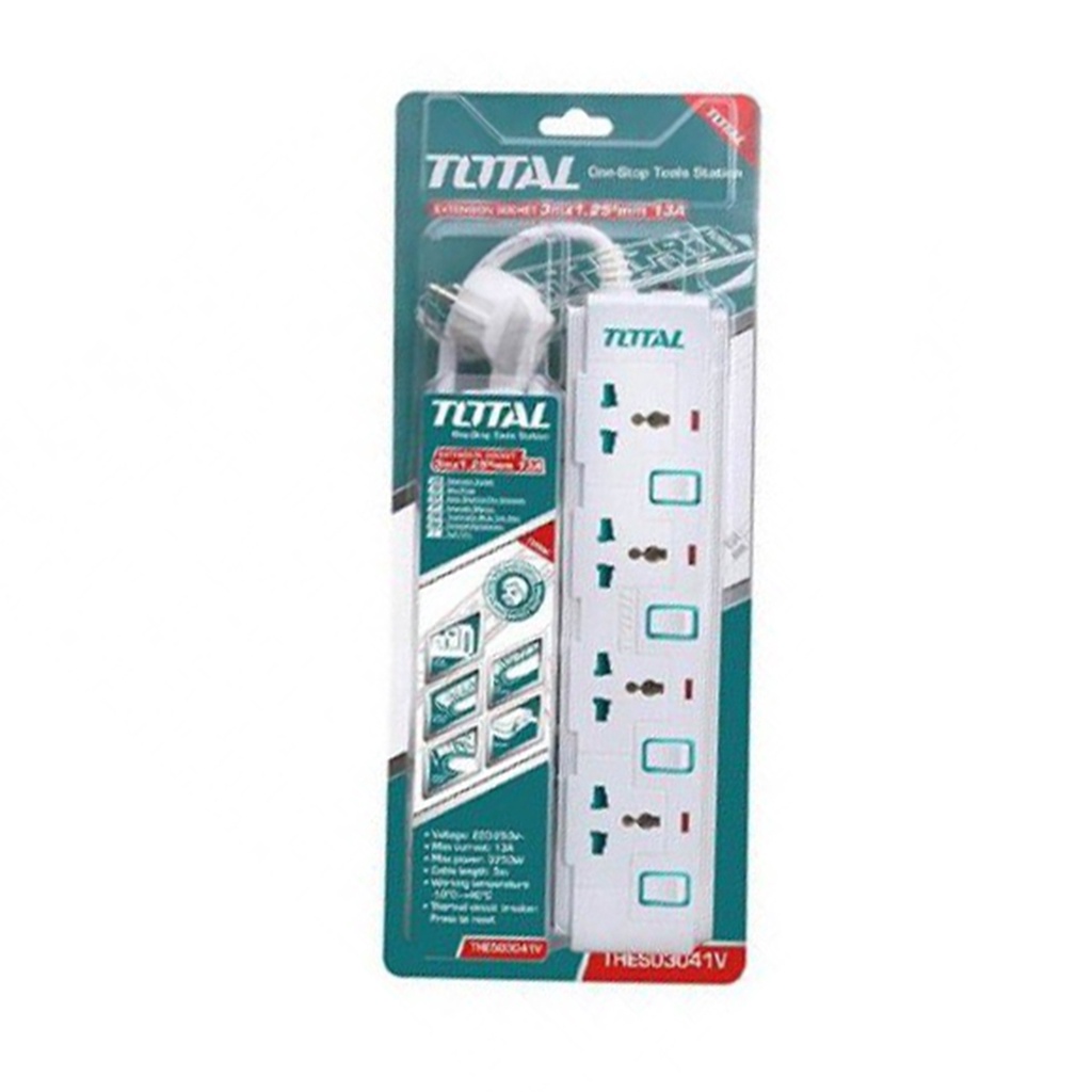 Ổ Cắm Điện Đa Năng TOTAL THES03041V 4 ổ cắm công tắc riêng 13A tải 3250W Dây đồng 3m chống cháy, quá tải, chống giật