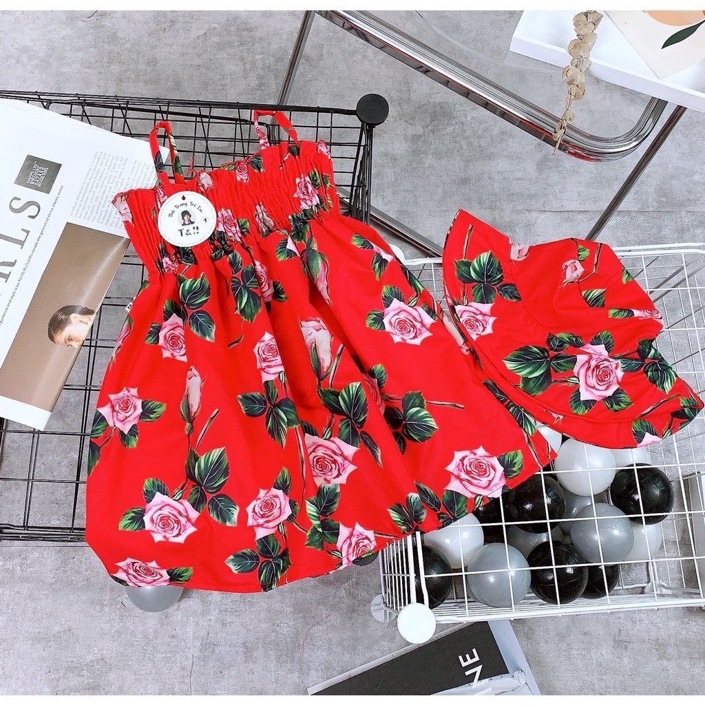 Váy 2 dây hoa hồng KÈM MŨ xinh cho bé gái - VHHKM