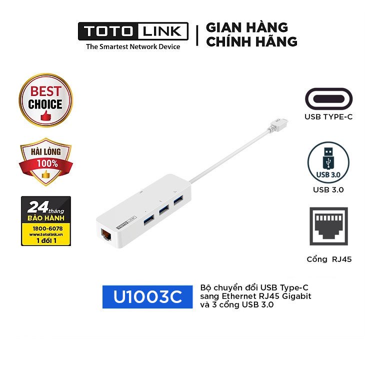 Bộ chuyển đổi USB Type-C sang Ethernet RJ45 Gigabit và 3 cổng USB 3.0 TOTOLINK U1003C
