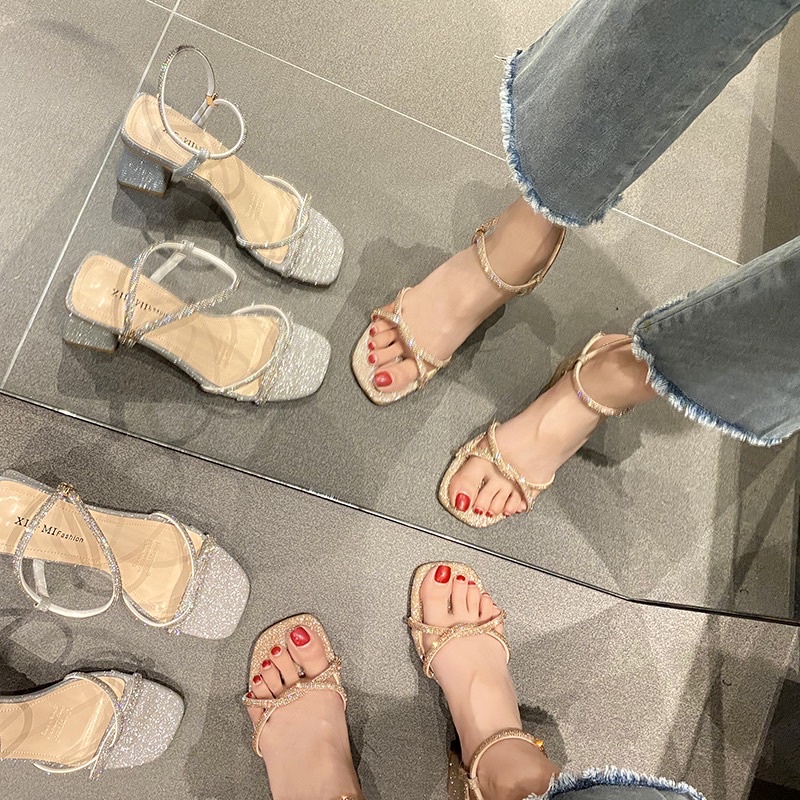 Giày sandal đế vuông ánh kim dây xoắn mẫu hot 2021