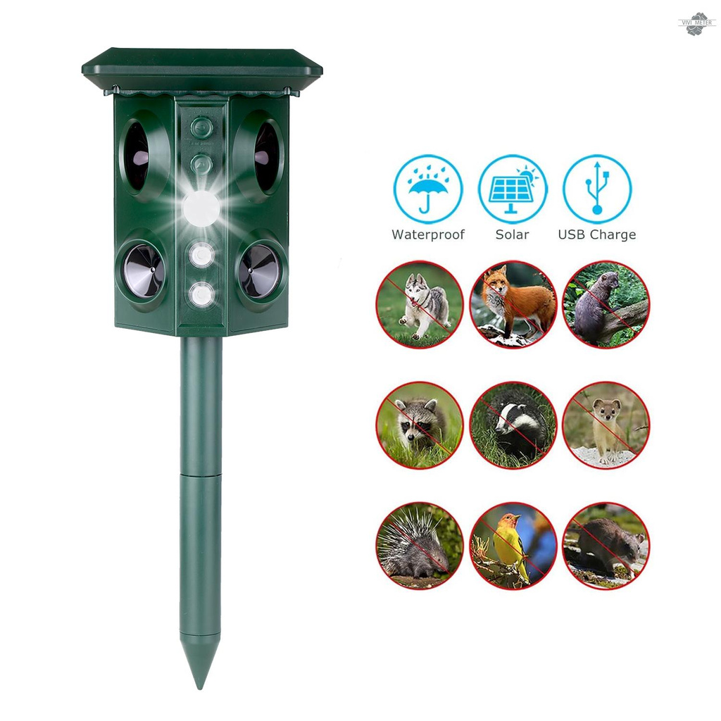 Solar Ultrasonic Animal Repeller with Motion Sensor and Flashing Light  Adjustable Frequency Waterproof Outdoor Electronic Deterrent for Rabbit Squirrel