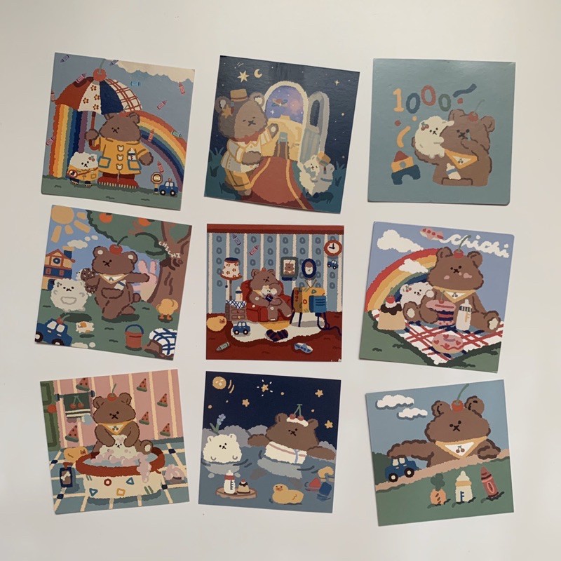 SET 9 POSTCARD 18 HÌNH BROWN BEAR &quot;GẤU NÂU KÈM STICKER DÁN (ảnh thật) - Tiệm nhà Chun