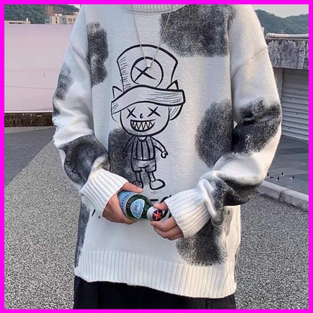 Áo len nam họa in tiết hình băng đảng mũ rơm độc đáo và thanh lích