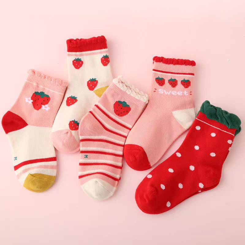 Set 5 Đôi Vớ Cotton Thoải Mái Chất Lượng Cao In Họa Tiết Dâu Tây / Kẻ Sọc / Chấm Bi Hoạt Hình Cho Bé Trai Gái 1-12 Tuổi