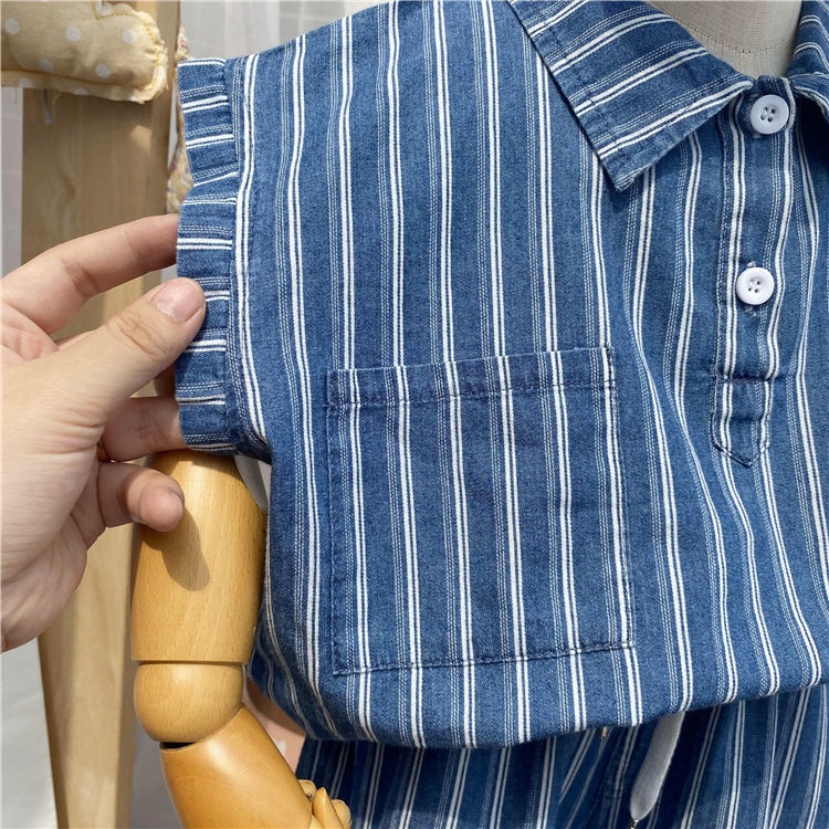 [Babycat] Hàng Có Sẵn Bộ Trang Phục Hai Mảnh Áo Denim Không Tay Kẻ Sọc Dọc Phong Cách Nhật Bản Hàn Quốc Thời Trang Mùa Hè Cho Bé Trai Bé Gái