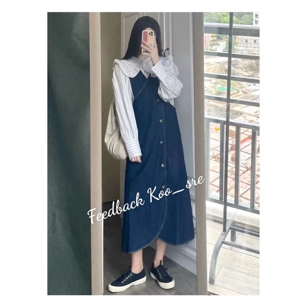 Váy yếm jean hai dây denim mặc 2 kiểu đa năng đeo chéo áo sơ mi cổ búp bê