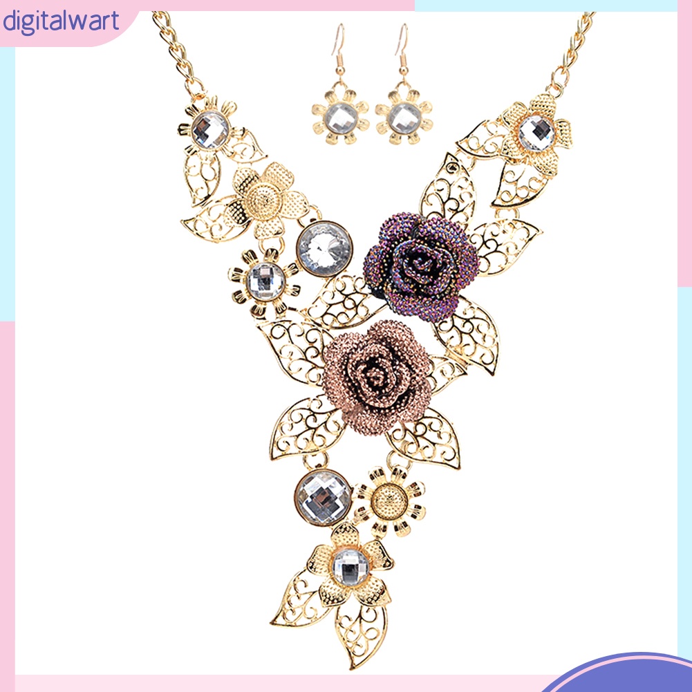 Bộ Vòng cổ + Bông Tai Hình Hoa Lá Có Đính Kim Cương Giả Cho Nữ