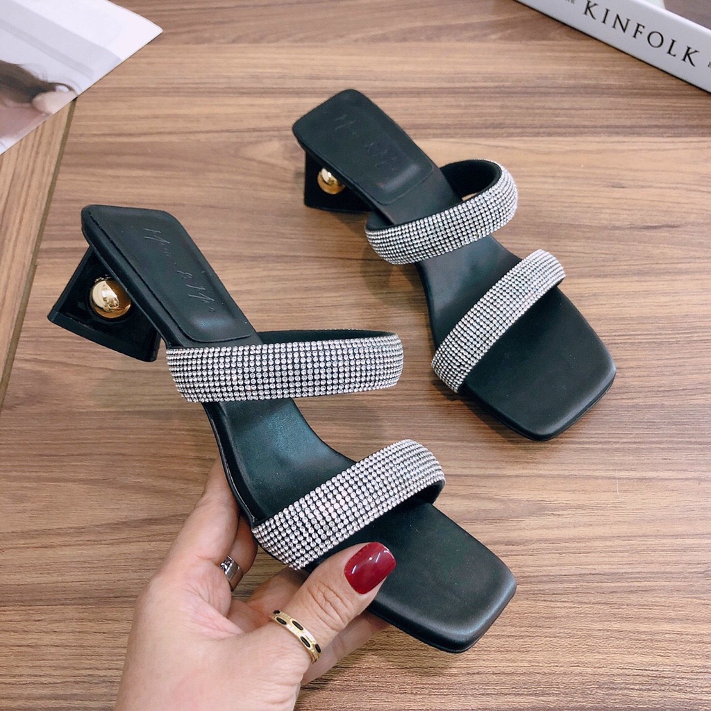 Dép cao gót guốc nữ 3p bản dây đôi xoàn đính đá góc tam giác đính ngọc siêu sang - Chị Chảnh Store
