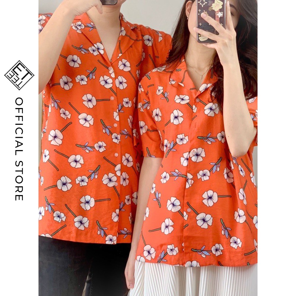 Áo sơ mi nam nữ họa tiết hoa ngắn tay cổ bẻ ETTEE màu cam đủ size kiểu dáng thoải mái A1848
