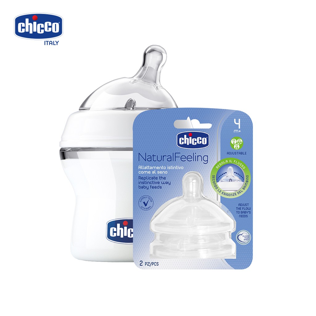 Bình sữa Chicco núm nghiêng Pisa Natural Feeling 0M+ 150ml + Núm ty Chicco nghiêng Pisa điều chỉnh dòng chảy 4M+