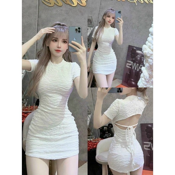 Đầm body xốp trơn hở lưng